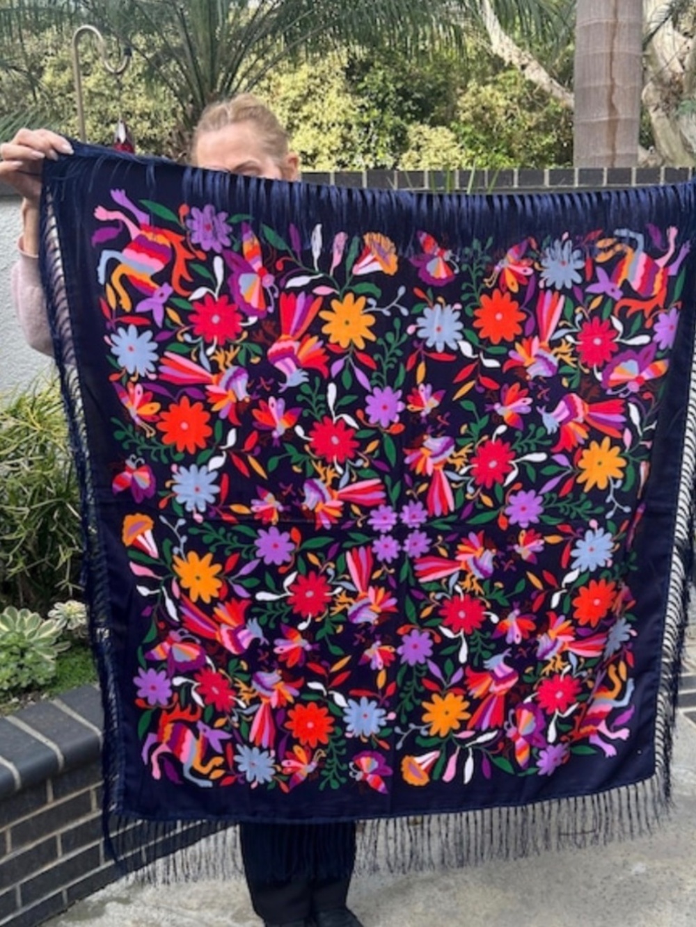 Colorful Guatemalan, scarf, deer, birds, flowers, fringed, square scarf